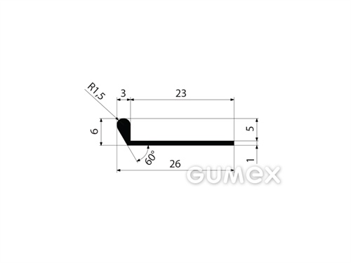 Gumový profil tvaru "P", 26x6/1mm, 70°ShA, EPDM, -40°C/+100°C, čierny